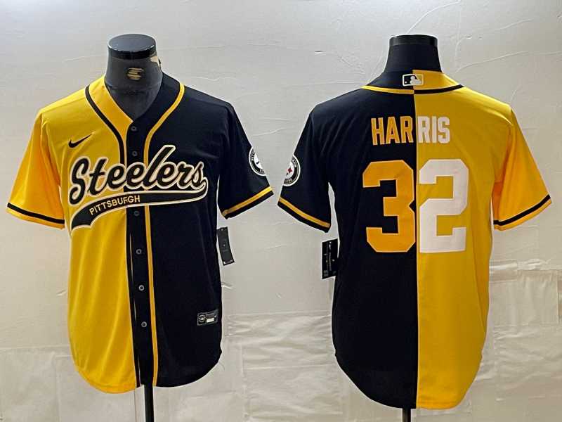 Mens Pittsburgh Steelers #22 Najee Harris Yellow Black Split With Patch Cool Base Stitched Baseball Jersey Dzhi 500w